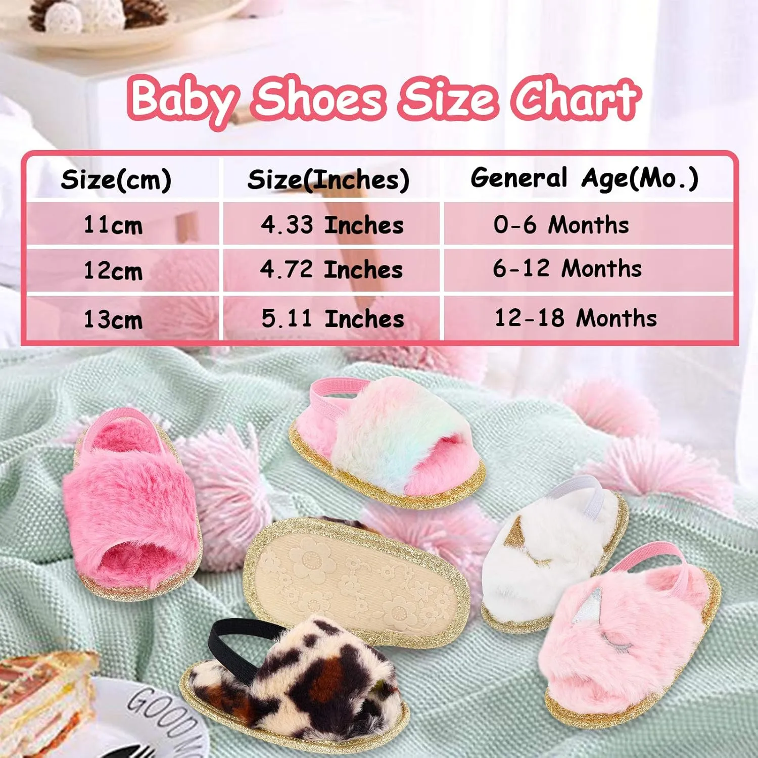 2 Pack Infant Baby Girls Sandals Elastic Back Strap Flats Slippers Soft Toddles Princess Shoes Faux Fur Slides Shoes First Walker House Shoes