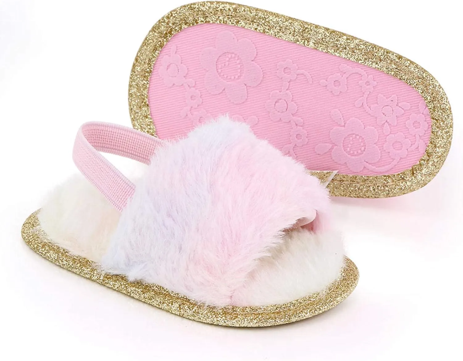 2 Pack Infant Baby Girls Sandals Elastic Back Strap Flats Slippers Soft Toddles Princess Shoes Faux Fur Slides Shoes First Walker House Shoes