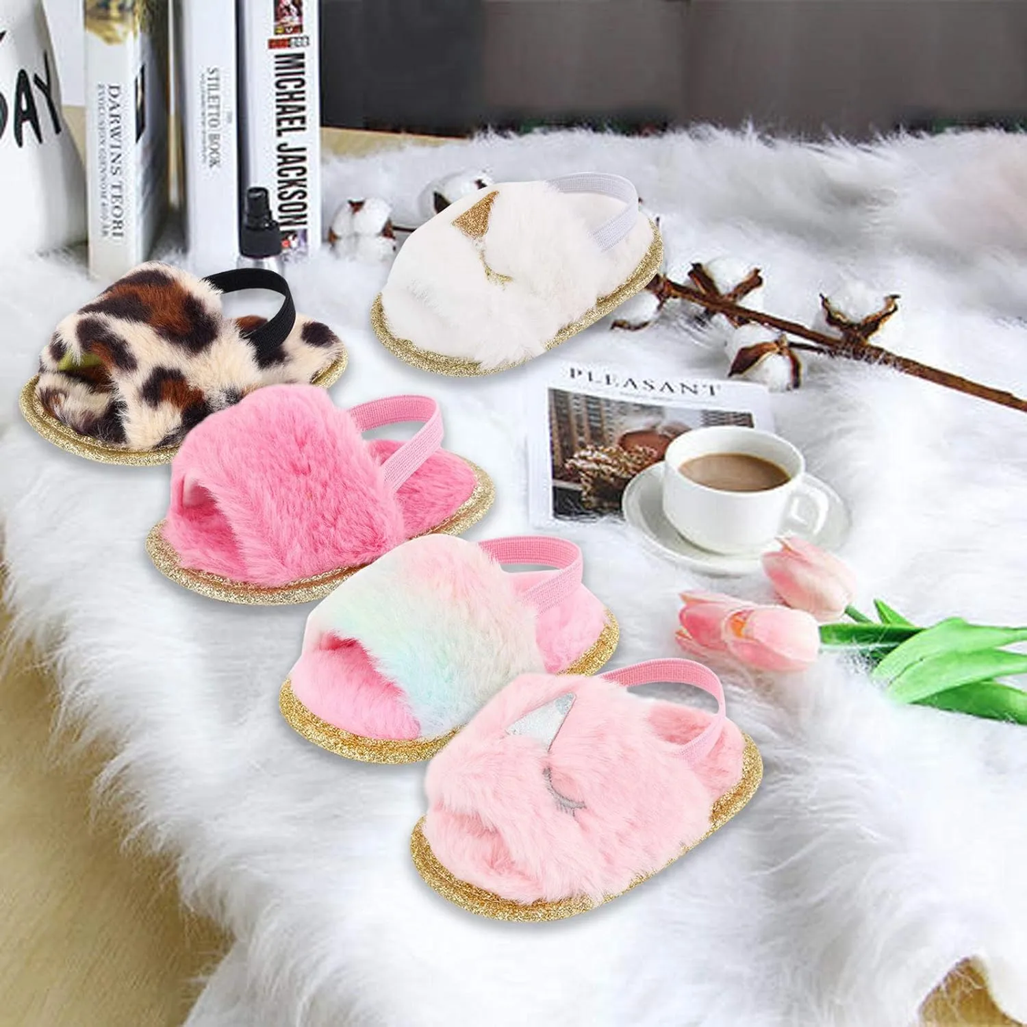 2 Pack Infant Baby Girls Sandals Elastic Back Strap Flats Slippers Soft Toddles Princess Shoes Faux Fur Slides Shoes First Walker House Shoes