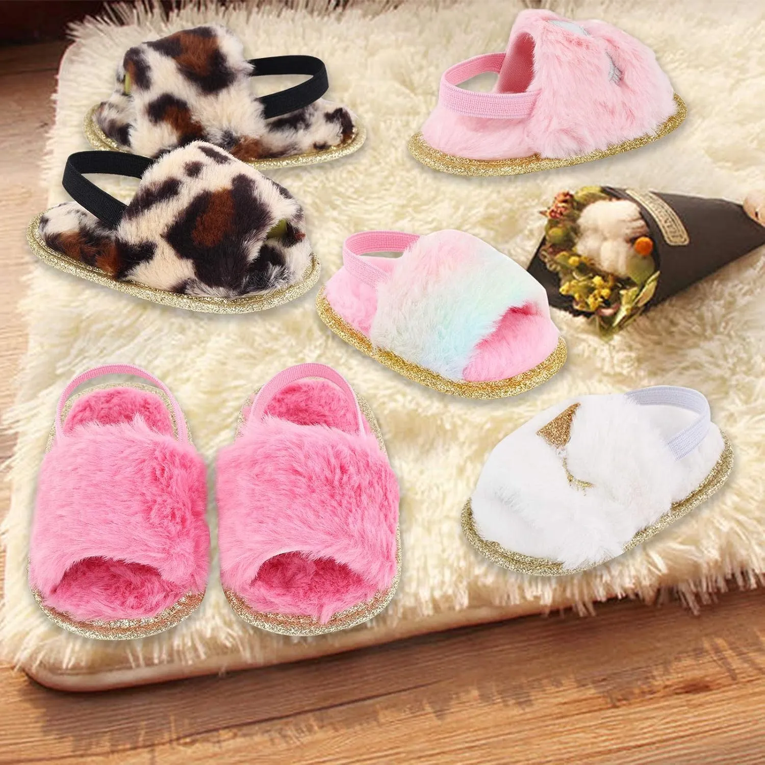 2 Pack Infant Baby Girls Sandals Elastic Back Strap Flats Slippers Soft Toddles Princess Shoes Faux Fur Slides Shoes First Walker House Shoes