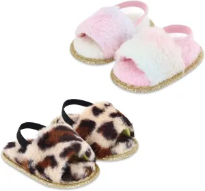 2 Pack Infant Baby Girls Sandals Elastic Back Strap Flats Slippers Soft Toddles Princess Shoes Faux Fur Slides Shoes First Walker House Shoes