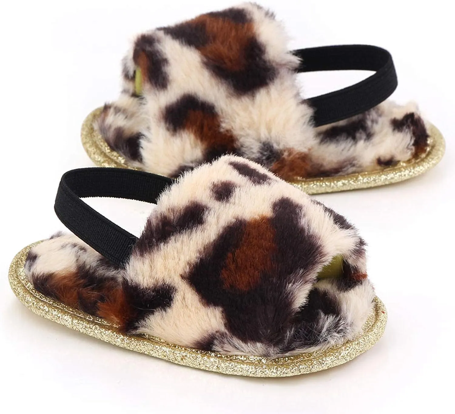 2 Pack Infant Baby Girls Sandals Elastic Back Strap Flats Slippers Soft Toddles Princess Shoes Faux Fur Slides Shoes First Walker House Shoes