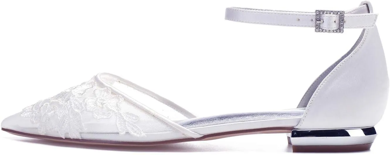 ADMLZQQ Wedding Shoes Flats for Bride Satin Lace Appiques Pointed Toe Women Dress Shoes for Special Occasions
