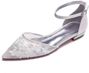 ADMLZQQ Wedding Shoes Flats for Bride Satin Lace Appiques Pointed Toe Women Dress Shoes for Special Occasions