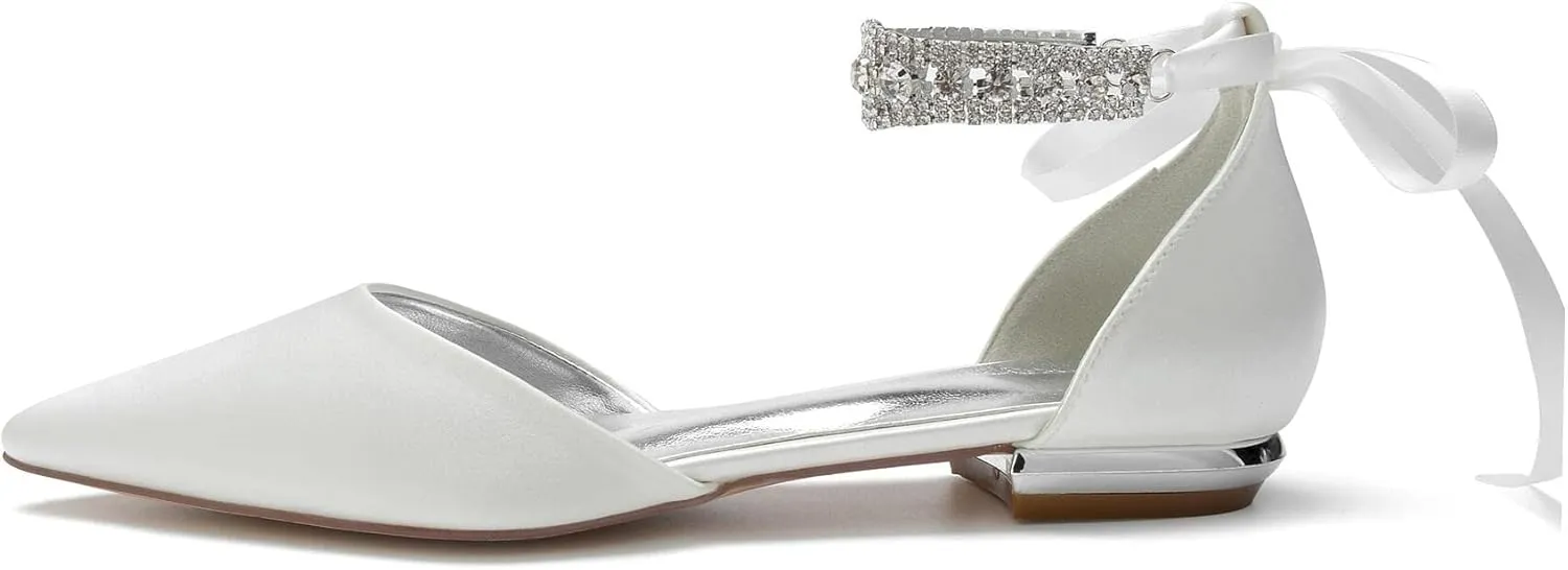 ADMLZQQ Women's Pointed Toe Crystal Wedding Flats for Bride Comfortable Satin White Wedding Shoes Low Heels Ankle Strap Bridal