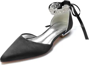 ADMLZQQ Women's Pointed Toe Crystal Wedding Flats for Bride Comfortable Satin White Wedding Shoes Low Heels Ankle Strap Bridal