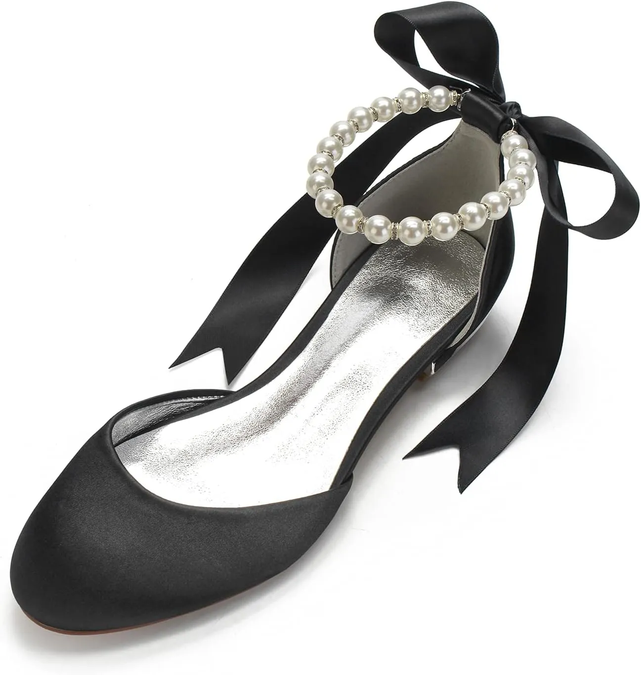 ADMLZQQ Women's Pointed Toe Pearl Satin Wedding Shoes for Bride Flats Ankle Strap Bridal Shoes Formal Prom Party Dress Sandals