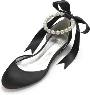 ADMLZQQ Women's Pointed Toe Pearl Satin Wedding Shoes for Bride Flats Ankle Strap Bridal Shoes Formal Prom Party Dress Sandals