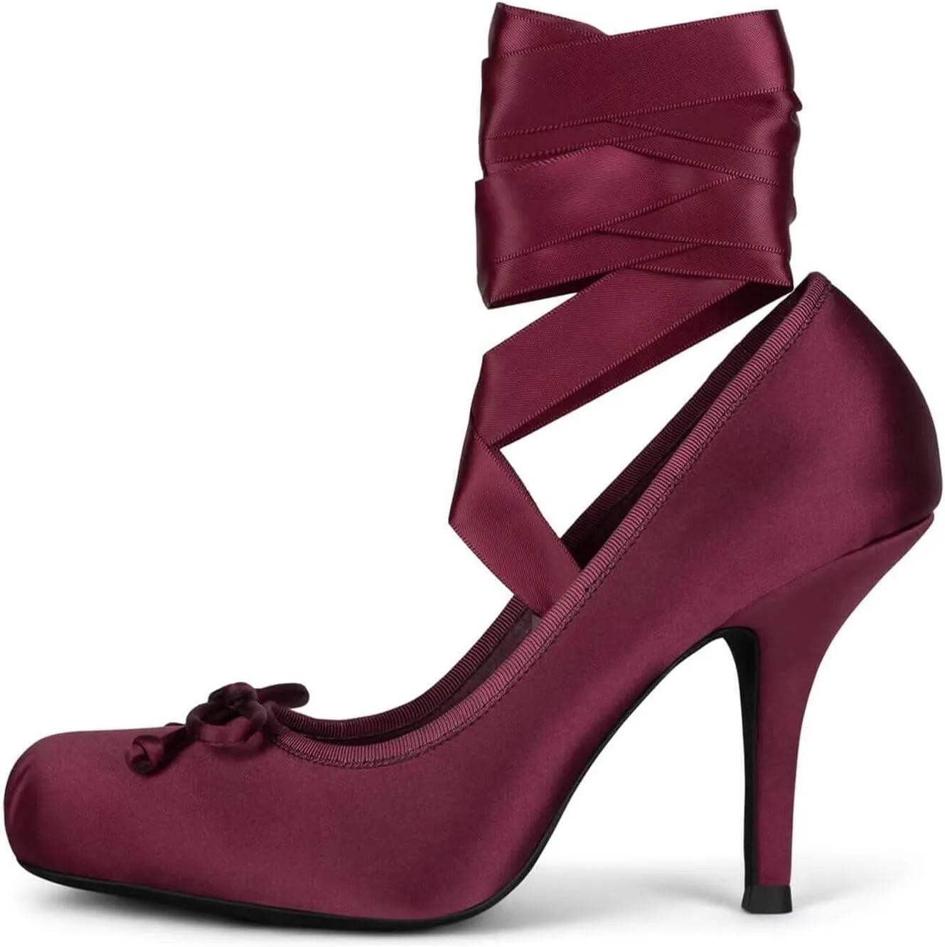Agodor Ruched Satin Ballet Heels for Women Lace Up Stiletto Ballet Shoes Bow Square Toe High Heel Pumps Strappy Mary Jane Ballerina Shoes
