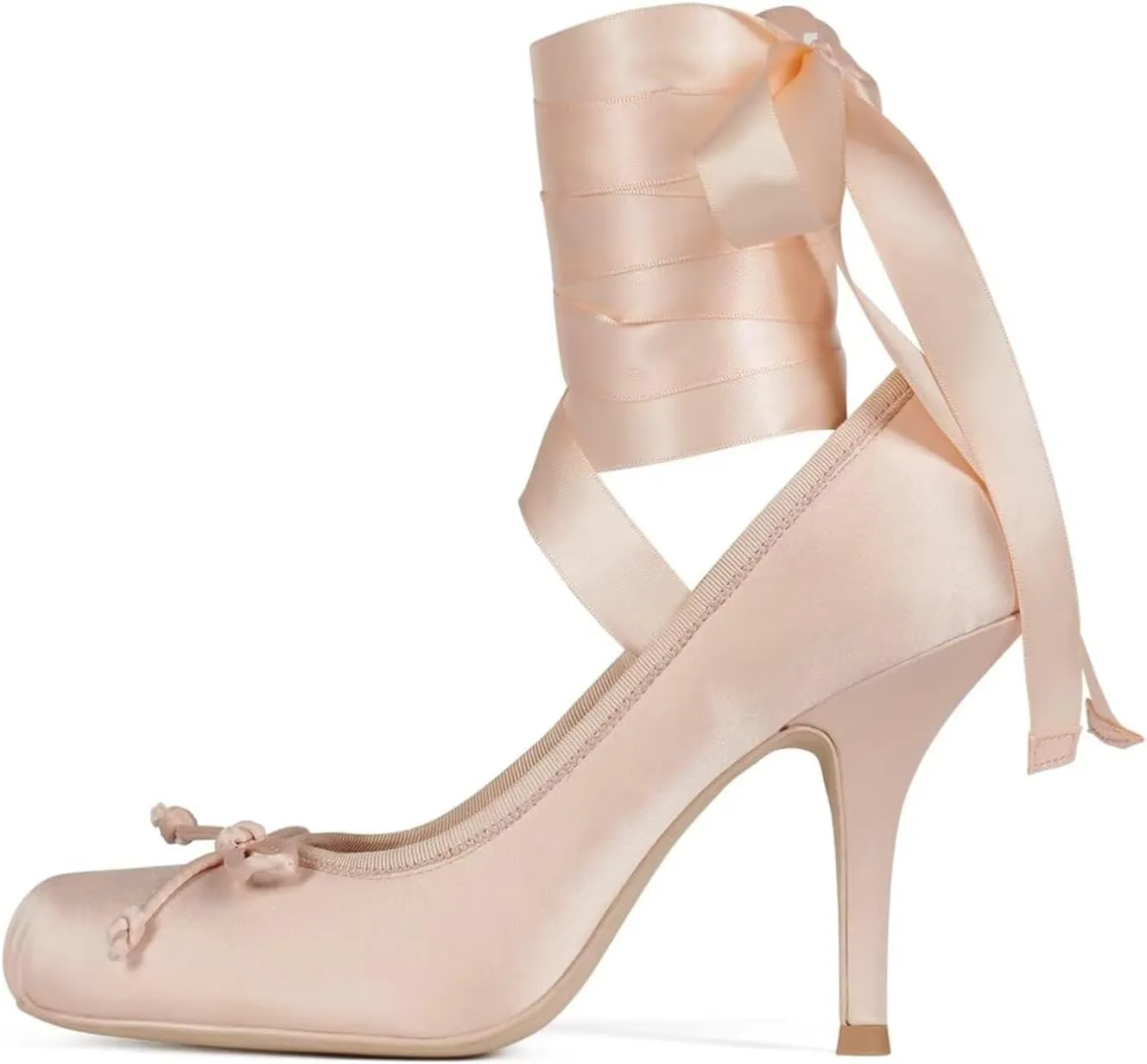 Agodor Ruched Satin Ballet Heels for Women Lace Up Stiletto Ballet Shoes Bow Square Toe High Heel Pumps Strappy Mary Jane Ballerina Shoes
