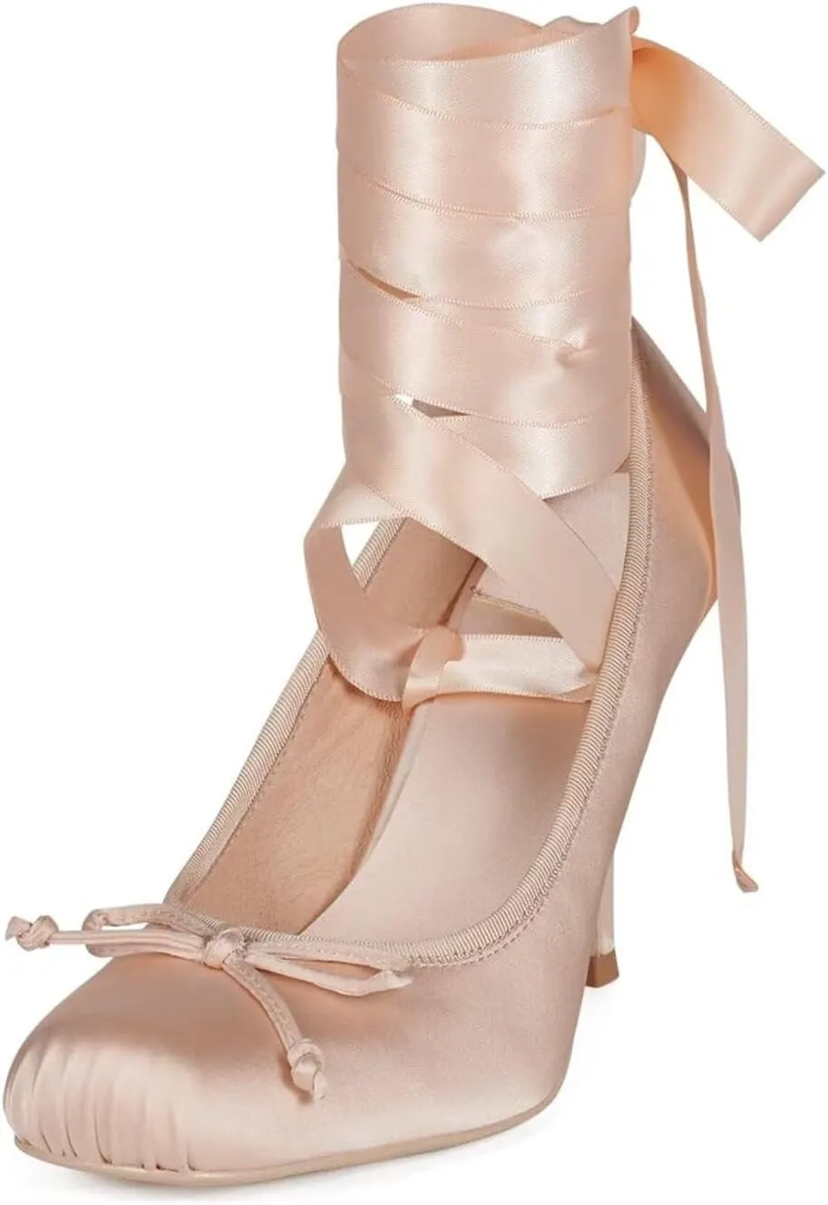 Agodor Ruched Satin Ballet Heels for Women Lace Up Stiletto Ballet Shoes Bow Square Toe High Heel Pumps Strappy Mary Jane Ballerina Shoes