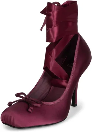Agodor Ruched Satin Ballet Heels for Women Lace Up Stiletto Ballet Shoes Bow Square Toe High Heel Pumps Strappy Mary Jane Ballerina Shoes