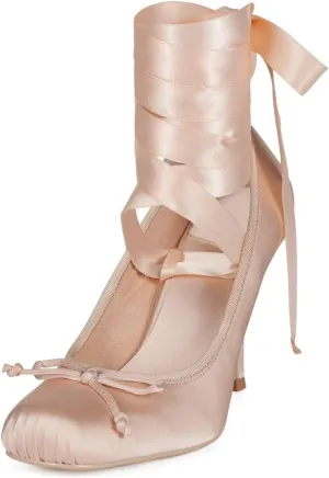 Agodor Ruched Satin Ballet Heels for Women Lace Up Stiletto Ballet Shoes Bow Square Toe High Heel Pumps Strappy Mary Jane Ballerina Shoes