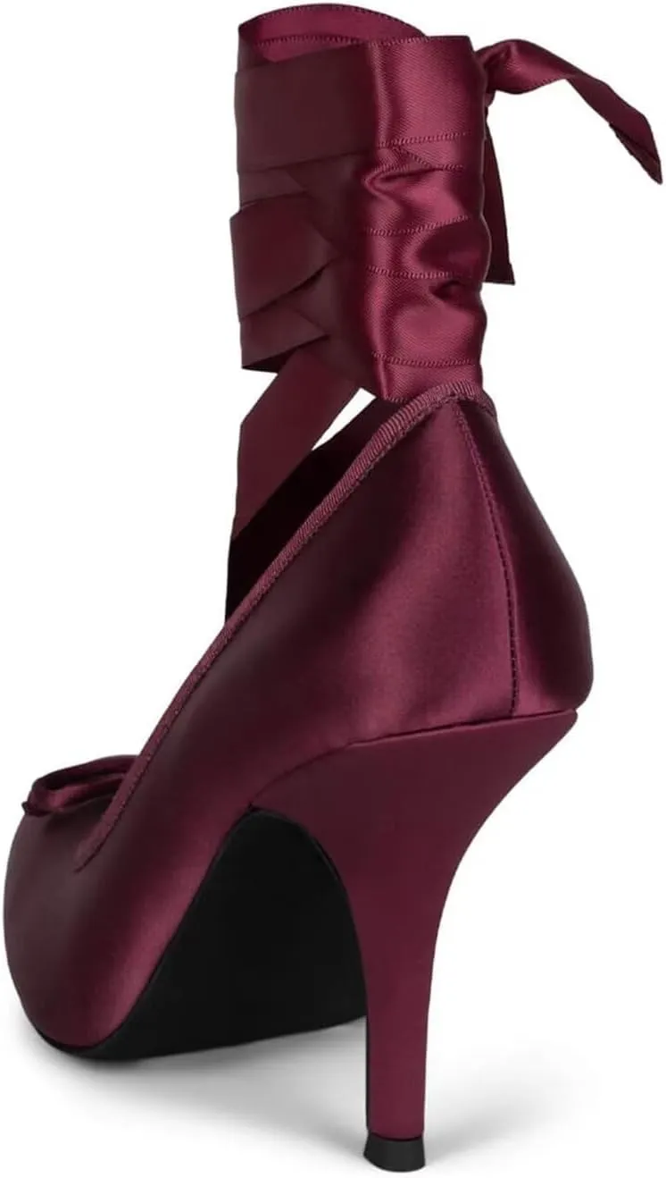 Agodor Ruched Satin Ballet Heels for Women Lace Up Stiletto Ballet Shoes Bow Square Toe High Heel Pumps Strappy Mary Jane Ballerina Shoes