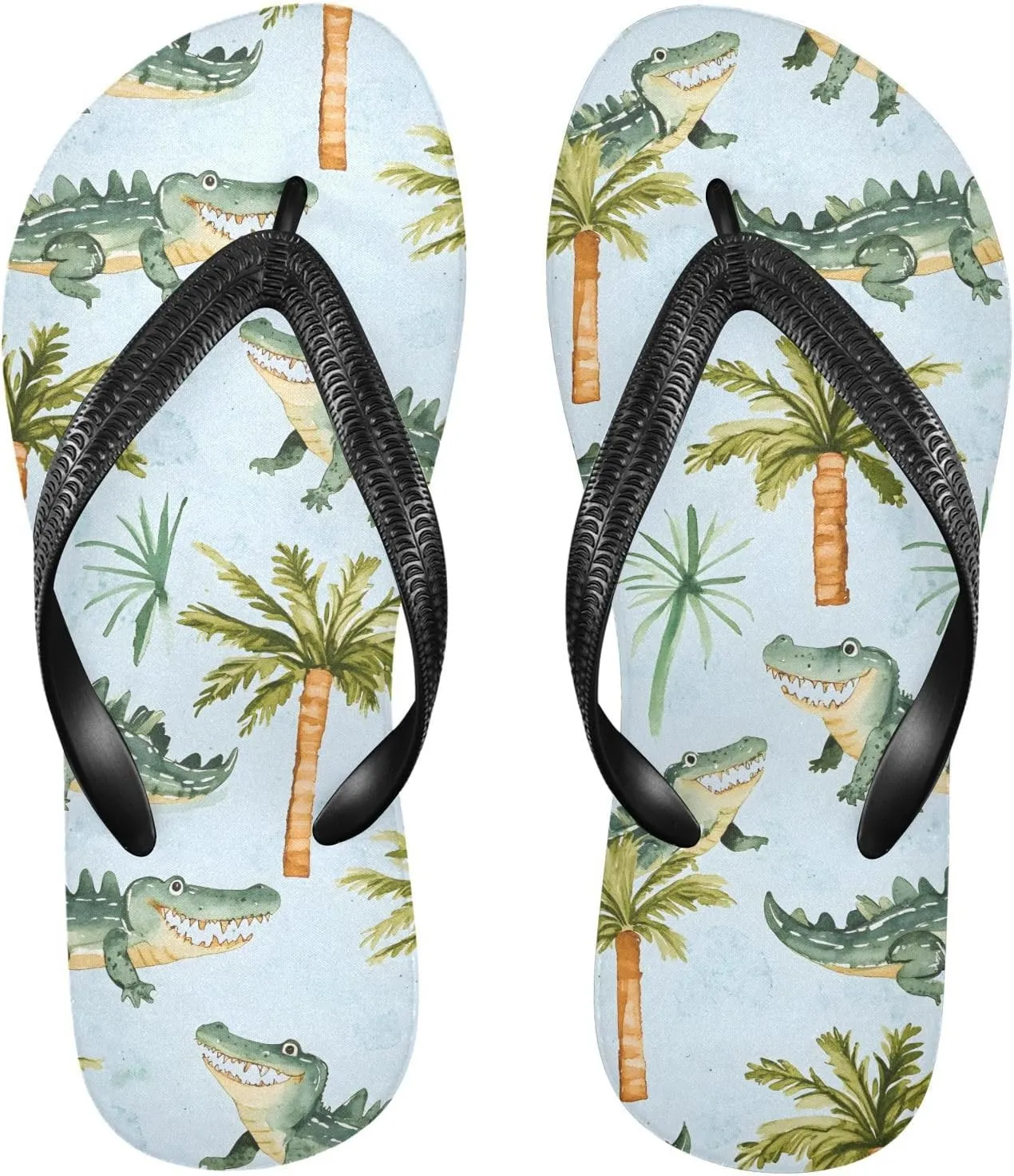 ALAZA Crocodile and Palm Tree Flip Flops for Women Fashion Beach Slippers Comfort Mens Flip Flops Non-Slip Rubber Shower Slippers Sandal for Hotel Travel Sport,XS