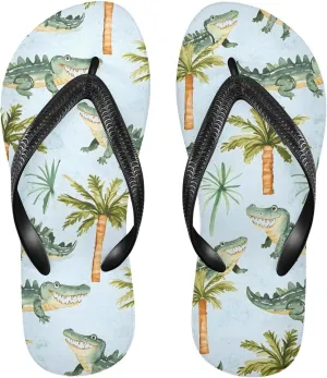 ALAZA Crocodile and Palm Tree Flip Flops for Women Fashion Beach Slippers Comfort Mens Flip Flops Non-Slip Rubber Shower Slippers Sandal for Hotel Travel Sport,XS