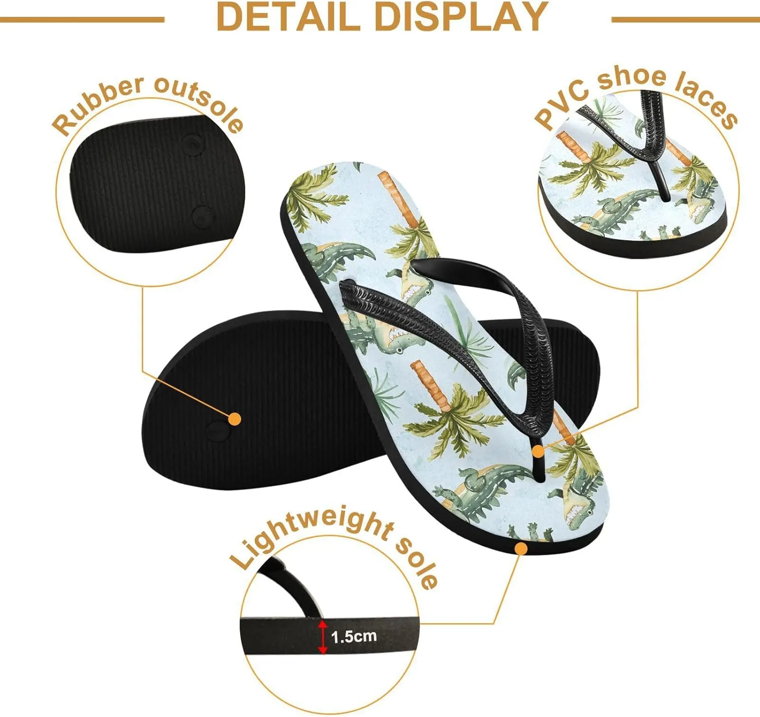 ALAZA Crocodile and Palm Tree Flip Flops for Women Fashion Beach Slippers Comfort Mens Flip Flops Non-Slip Rubber Shower Slippers Sandal for Hotel Travel Sport,XS
