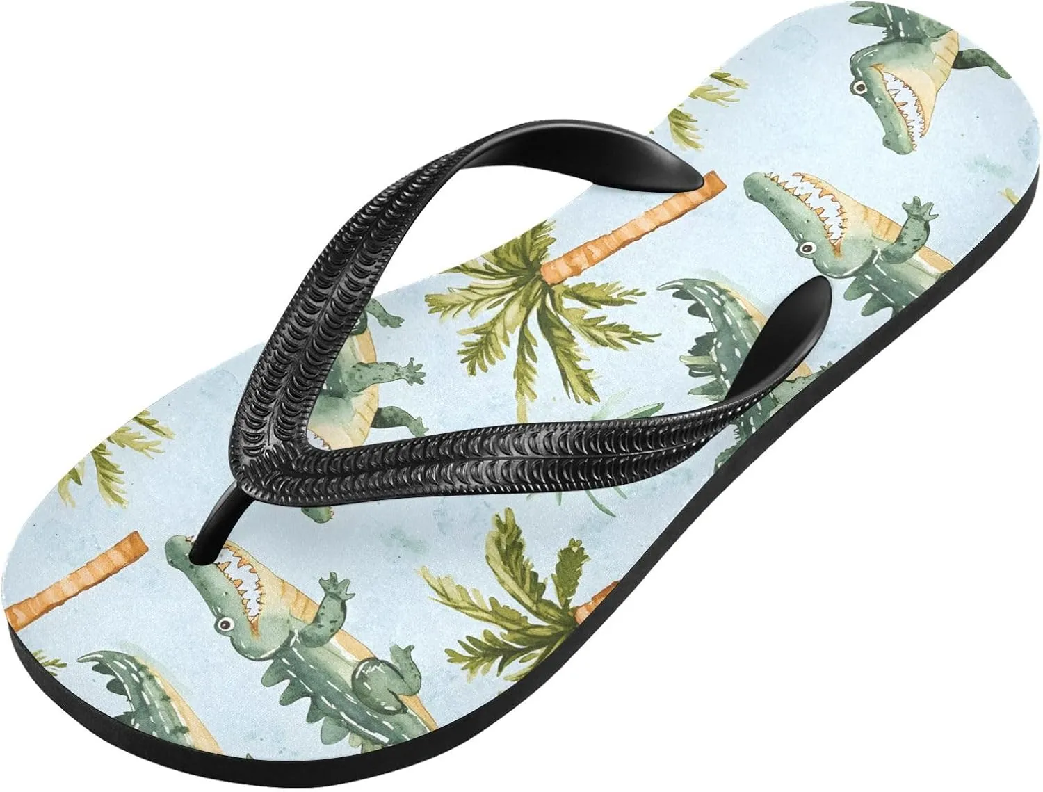 ALAZA Crocodile and Palm Tree Flip Flops for Women Fashion Beach Slippers Comfort Mens Flip Flops Non-Slip Rubber Shower Slippers Sandal for Hotel Travel Sport,XS