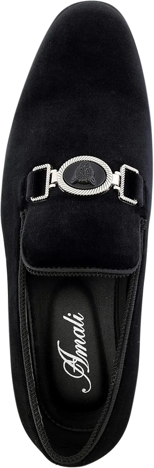 Amali Velvet Slip-On Dress Loafers for Men with Lion Head Piece, Men's Formal Smoking Tuxedo Slippers, Loafer Shoes with Metal Chain Detail