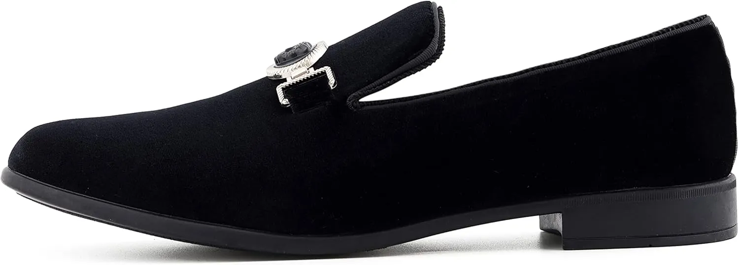 Amali Velvet Slip-On Dress Loafers for Men with Lion Head Piece, Men's Formal Smoking Tuxedo Slippers, Loafer Shoes with Metal Chain Detail