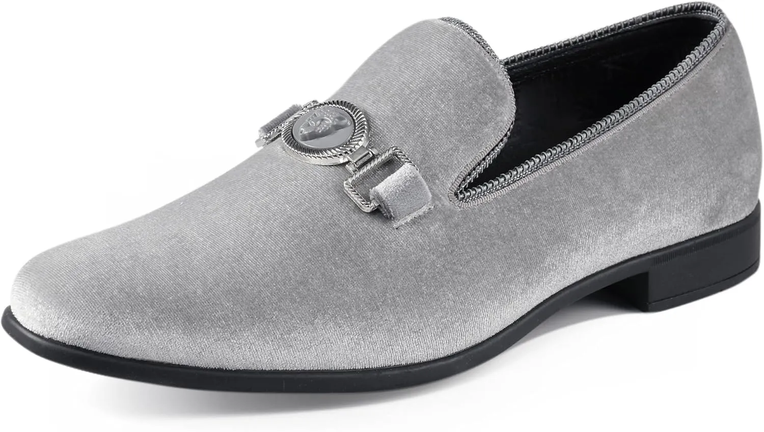 Amali Velvet Slip-On Dress Loafers for Men with Lion Head Piece, Men's Formal Smoking Tuxedo Slippers, Loafer Shoes with Metal Chain Detail