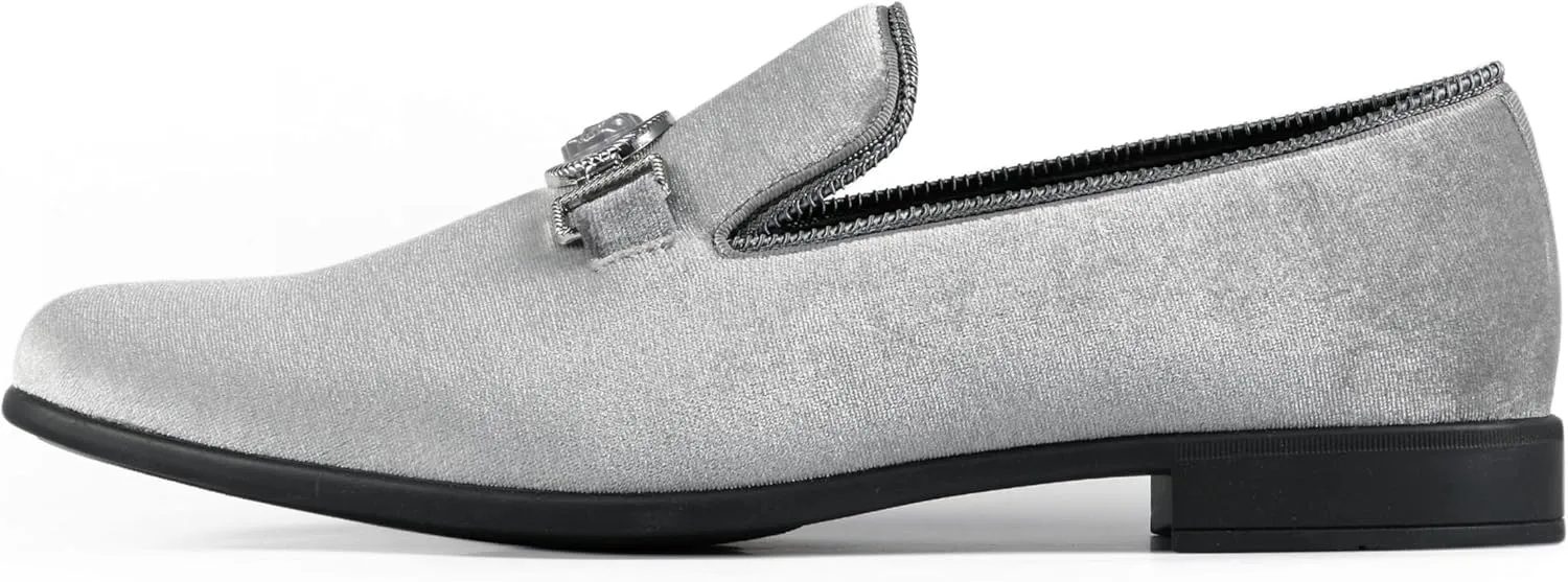 Amali Velvet Slip-On Dress Loafers for Men with Lion Head Piece, Men's Formal Smoking Tuxedo Slippers, Loafer Shoes with Metal Chain Detail