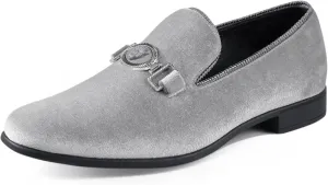 Amali Velvet Slip-On Dress Loafers for Men with Lion Head Piece, Men's Formal Smoking Tuxedo Slippers, Loafer Shoes with Metal Chain Detail