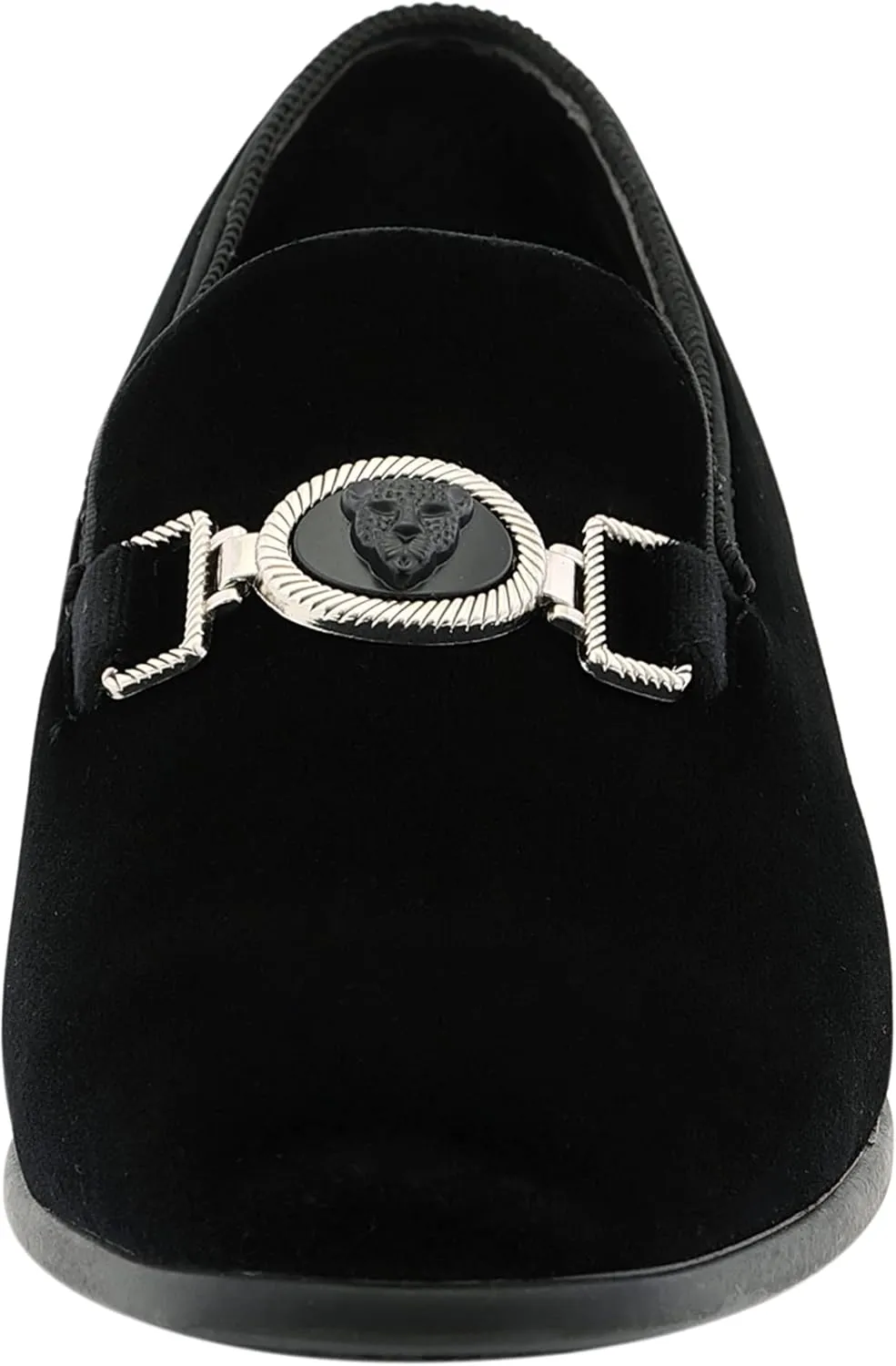 Amali Velvet Slip-On Dress Loafers for Men with Lion Head Piece, Men's Formal Smoking Tuxedo Slippers, Loafer Shoes with Metal Chain Detail