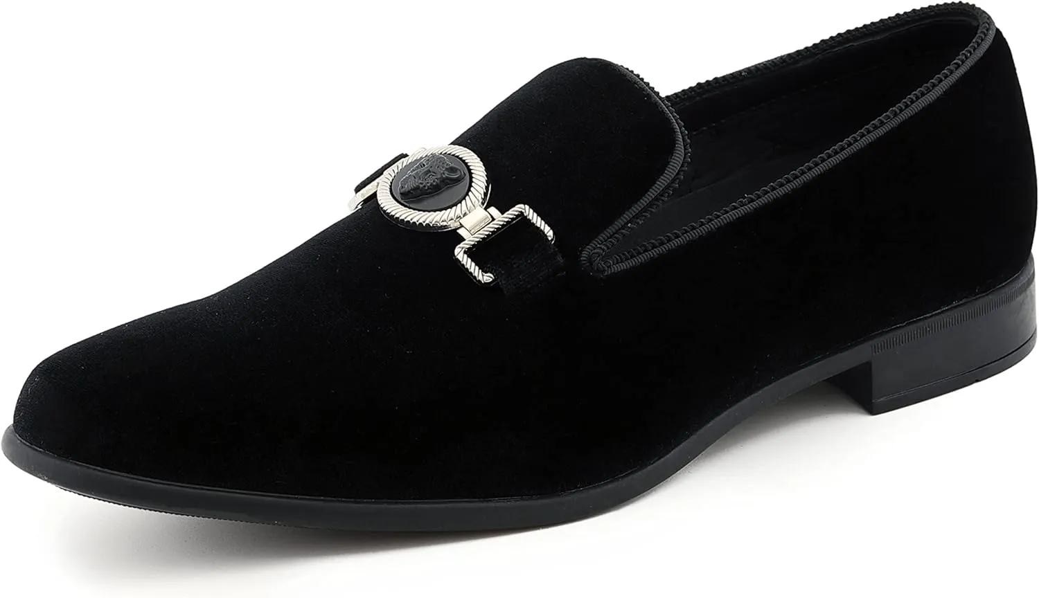 Amali Velvet Slip-On Dress Loafers for Men with Lion Head Piece, Men's Formal Smoking Tuxedo Slippers, Loafer Shoes with Metal Chain Detail
