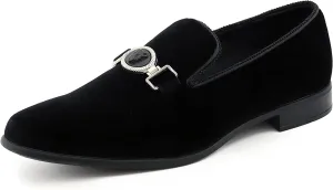 Amali Velvet Slip-On Dress Loafers for Men with Lion Head Piece, Men's Formal Smoking Tuxedo Slippers, Loafer Shoes with Metal Chain Detail