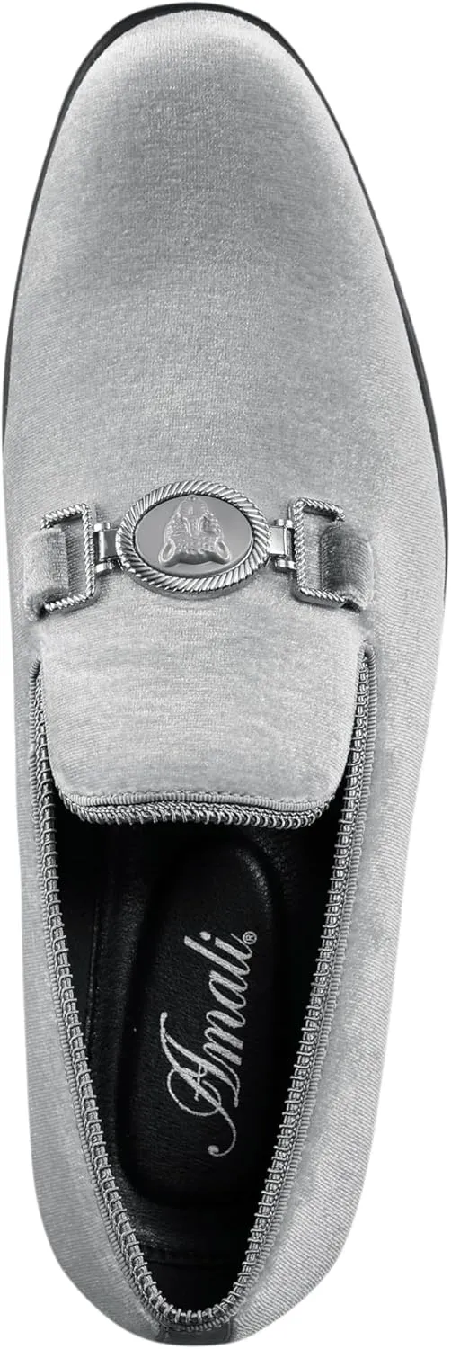 Amali Velvet Slip-On Dress Loafers for Men with Lion Head Piece, Men's Formal Smoking Tuxedo Slippers, Loafer Shoes with Metal Chain Detail