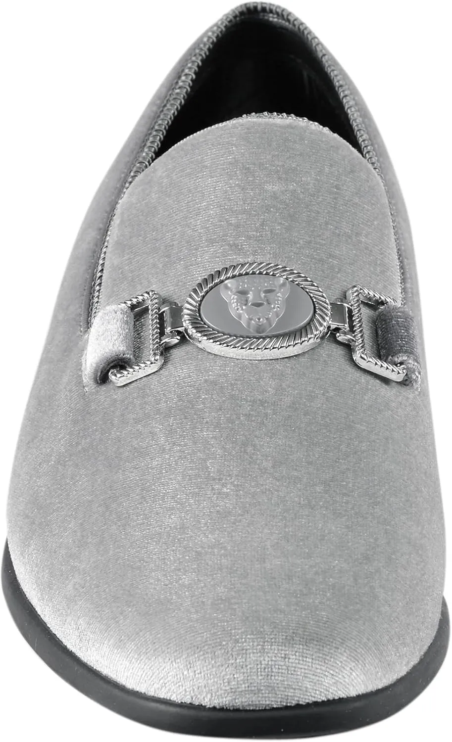 Amali Velvet Slip-On Dress Loafers for Men with Lion Head Piece, Men's Formal Smoking Tuxedo Slippers, Loafer Shoes with Metal Chain Detail