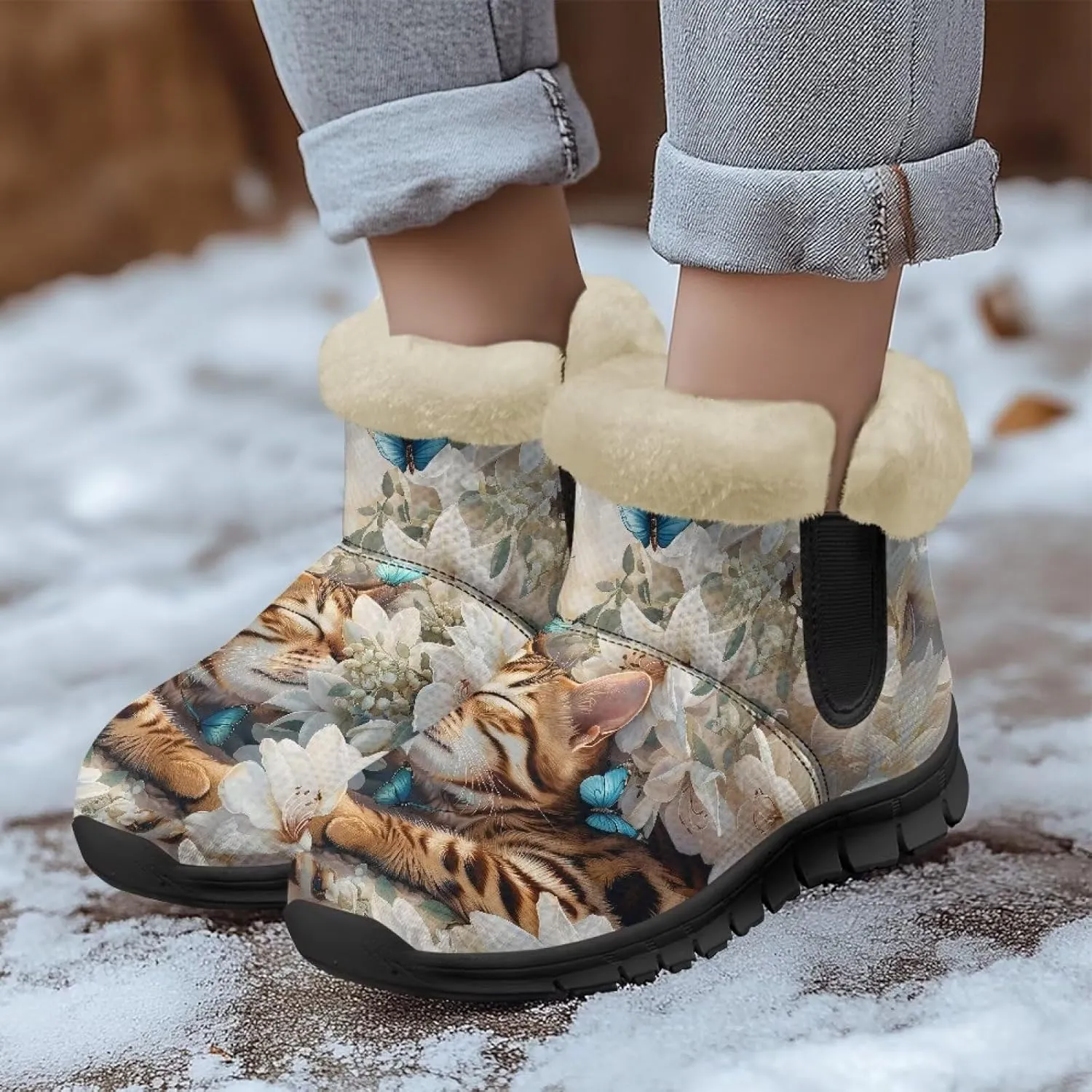 Animal Print Ankle Boots for Women Anti-Slip Waterproof Warm Fur Lined Snow Booties Winter Outdoor Walking Hiking Boot Footwear