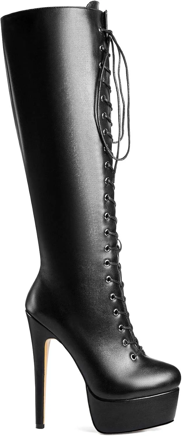 ANN CREEK Women's 'Niwen' Knee High Sexy Fashion Ultra High Stiletto Heels Platform Lace Up Boots