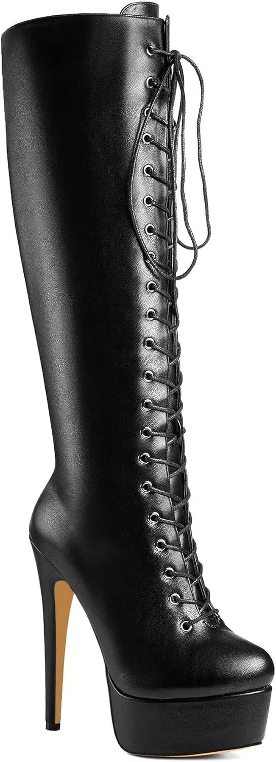 ANN CREEK Women's 'Niwen' Knee High Sexy Fashion Ultra High Stiletto Heels Platform Lace Up Boots