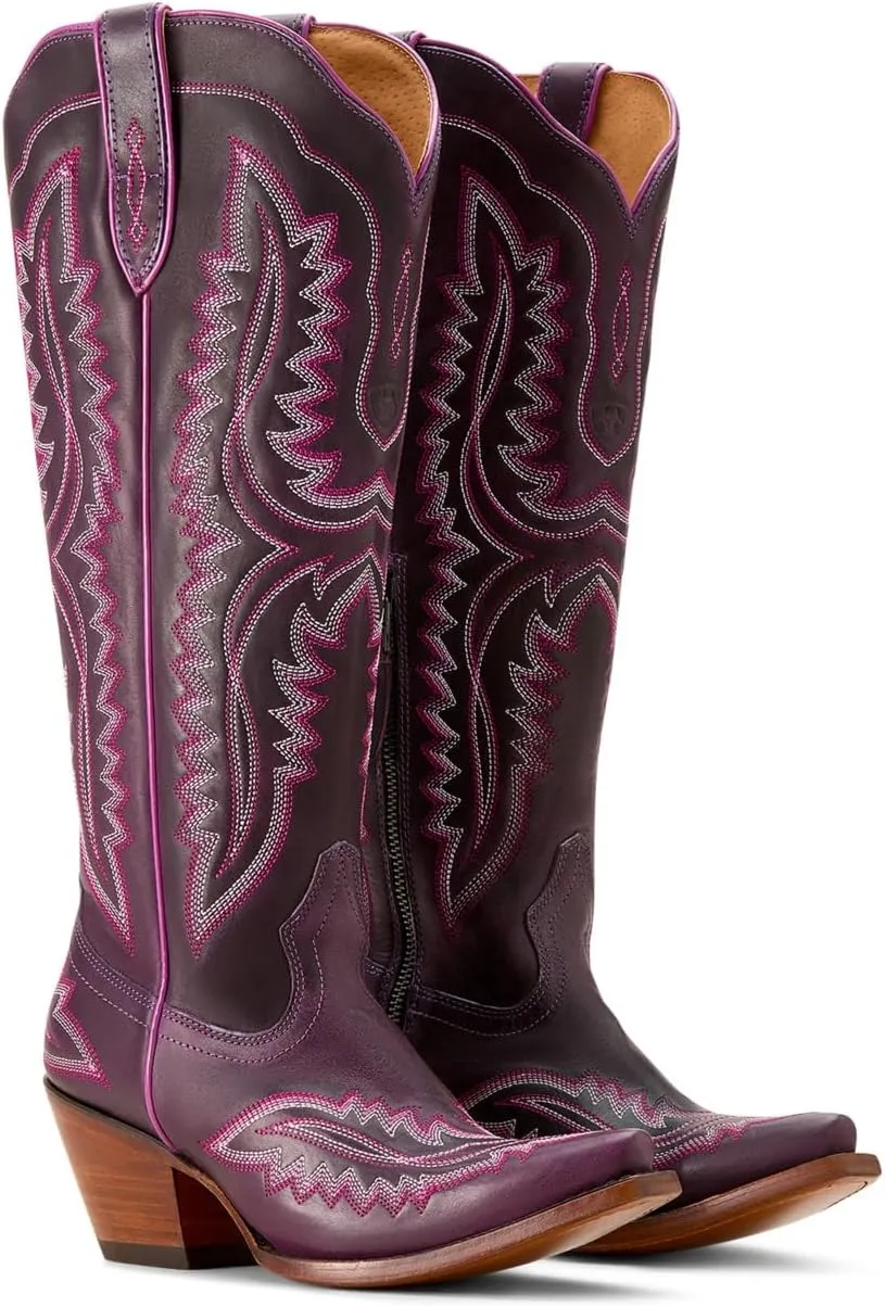 ARIAT Womens Casanova Tall Embroidered Snip Toe Zippered Casual Boots Knee High Mid Heel 2-3" - Purple