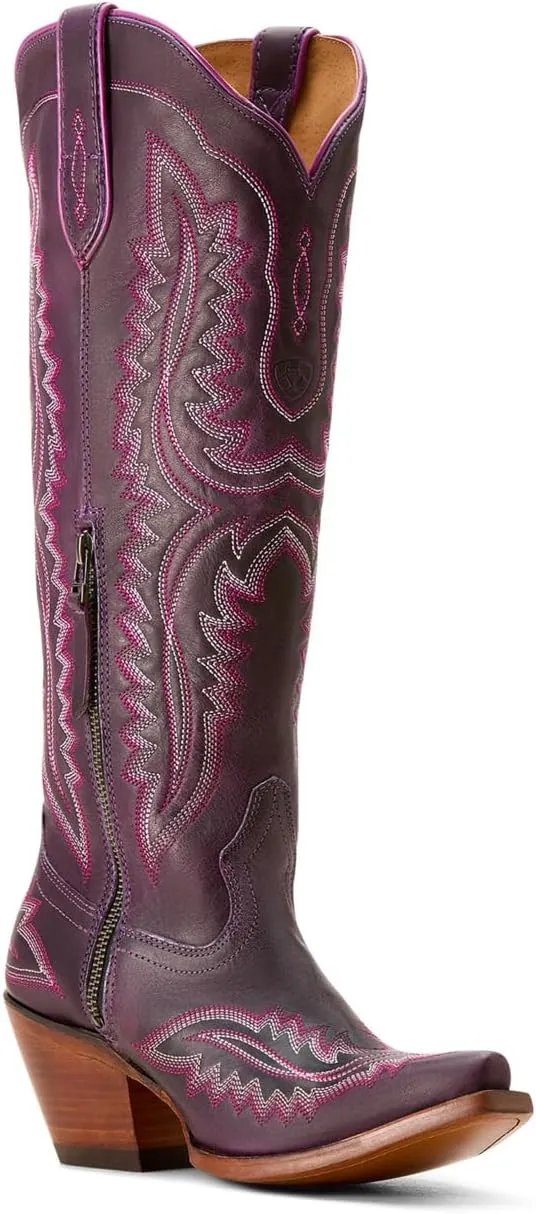 ARIAT Womens Casanova Tall Embroidered Snip Toe Zippered Casual Boots Knee High Mid Heel 2-3" - Purple