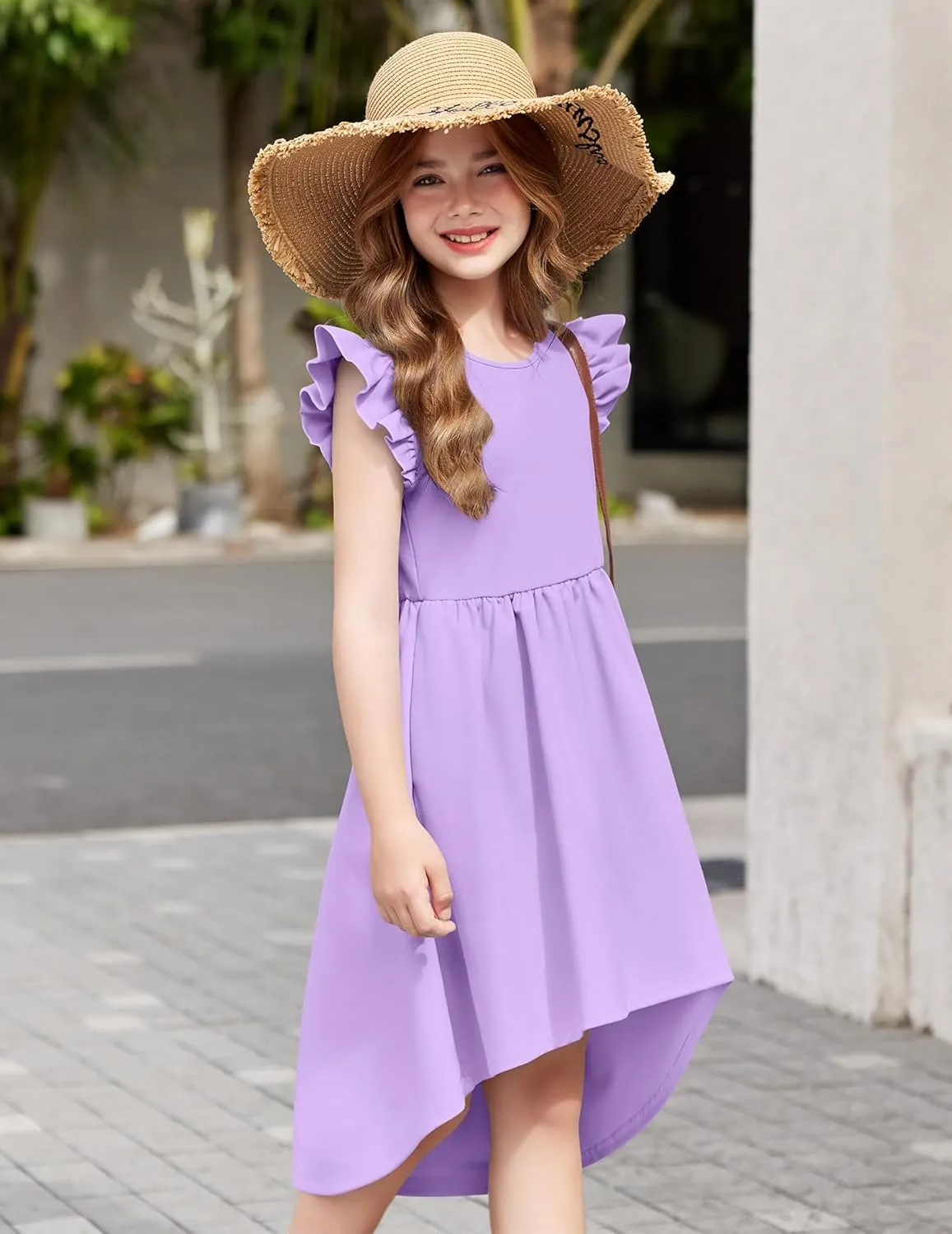 Arshiner Girls Summer Dress Tween Flutter Sleeve High Low Formal Dresses for Wedding Party with Pocket
