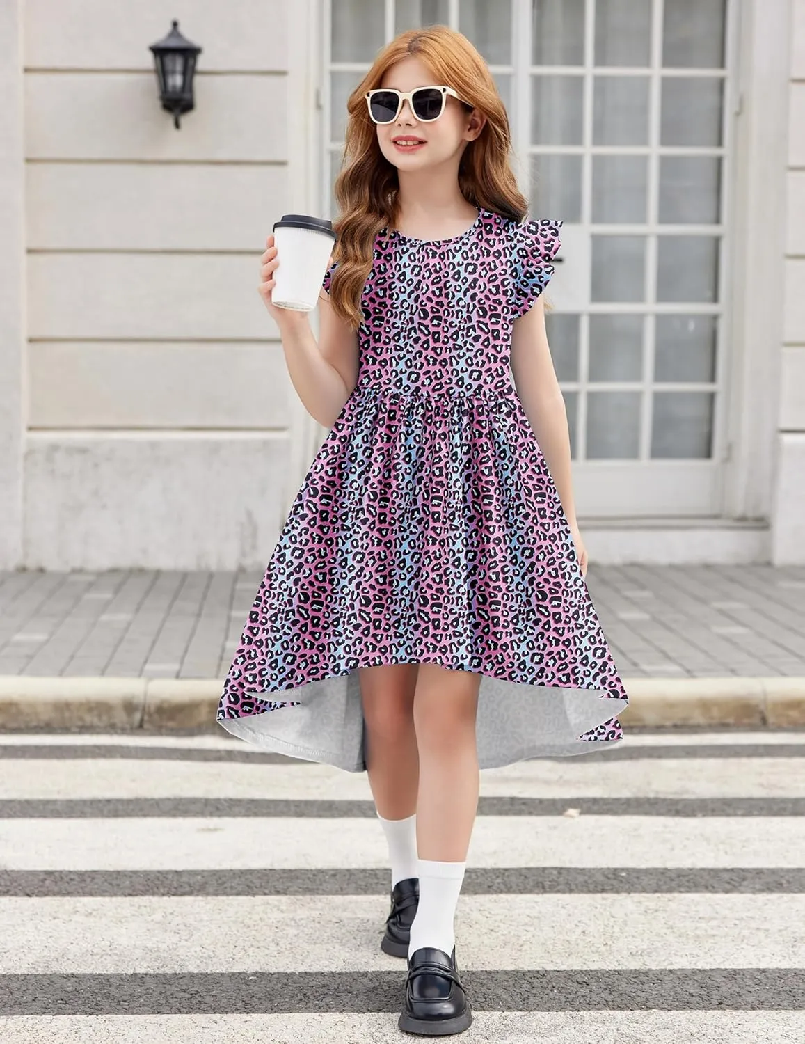 Arshiner Girls Summer Dress Tween Flutter Sleeve High Low Formal Dresses for Wedding Party with Pocket