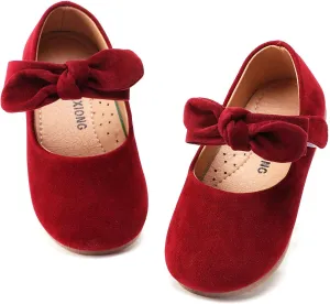Baby Girl Bowknot Shoes Mary Jane Walkers Non-Slip Princess Wedding Dress Flats Burgundy 3.5 Toddler