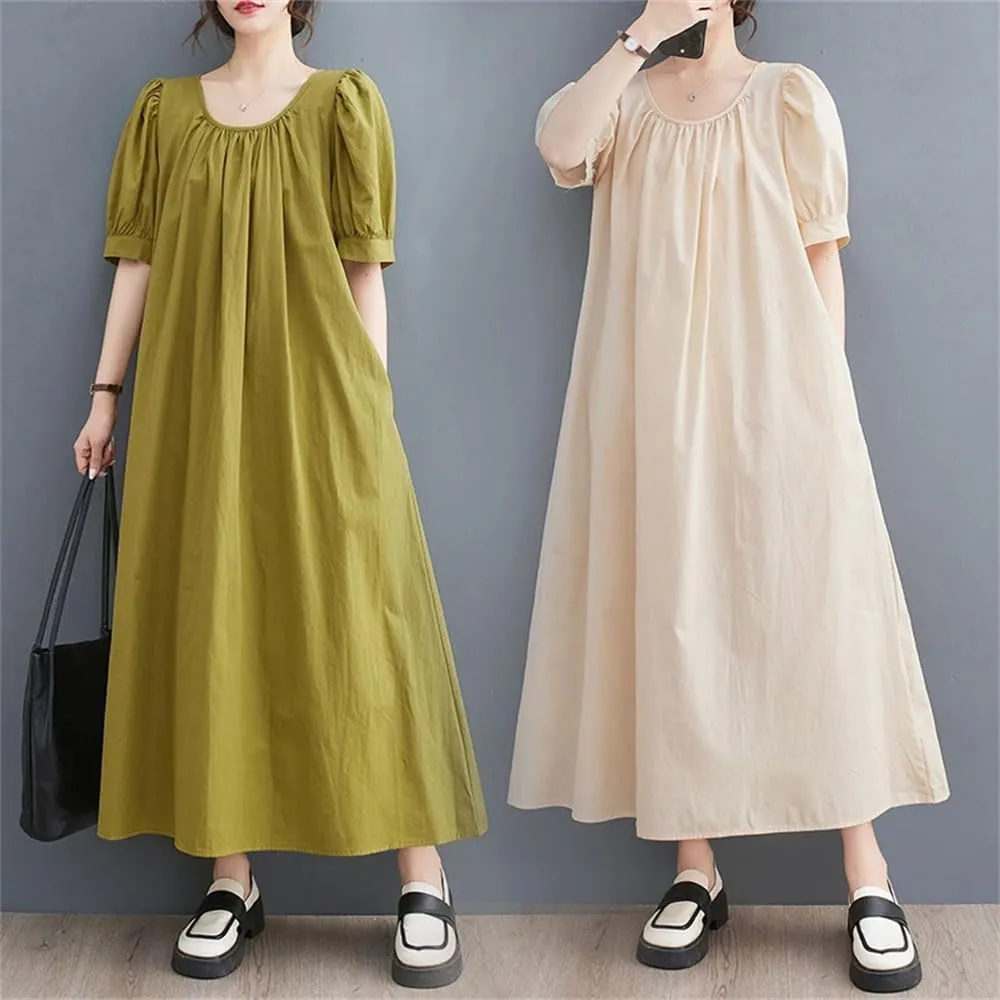 Bciopll Women O-Neck Folds Short Sleeve Loose Dress Casual Lady Work French Style Long Dresses