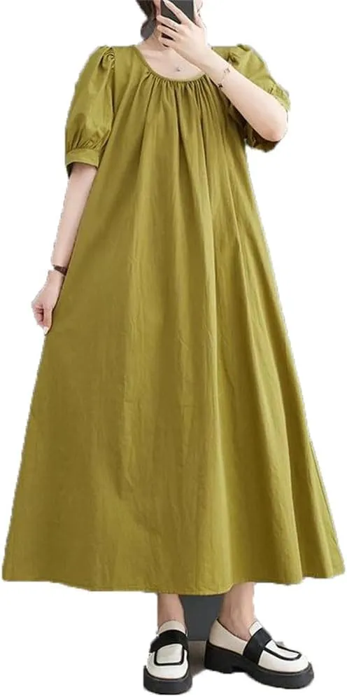 Bciopll Women O-Neck Folds Short Sleeve Loose Dress Casual Lady Work French Style Long Dresses