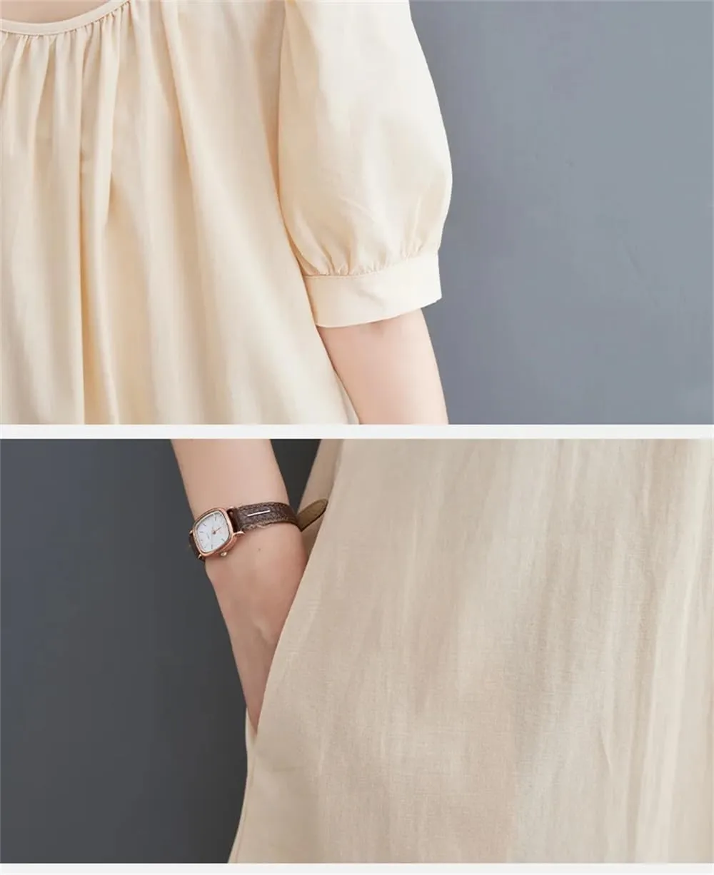 Bciopll Women O-Neck Folds Short Sleeve Loose Dress Casual Lady Work French Style Long Dresses
