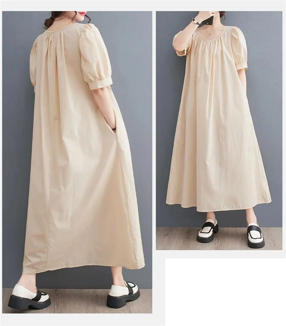 Bciopll Women O-Neck Folds Short Sleeve Loose Dress Casual Lady Work French Style Long Dresses