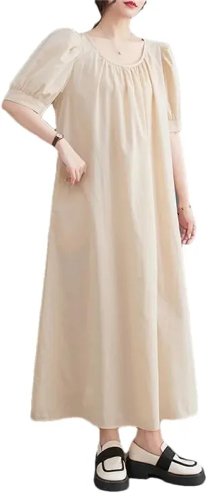 Bciopll Women O-Neck Folds Short Sleeve Loose Dress Casual Lady Work French Style Long Dresses