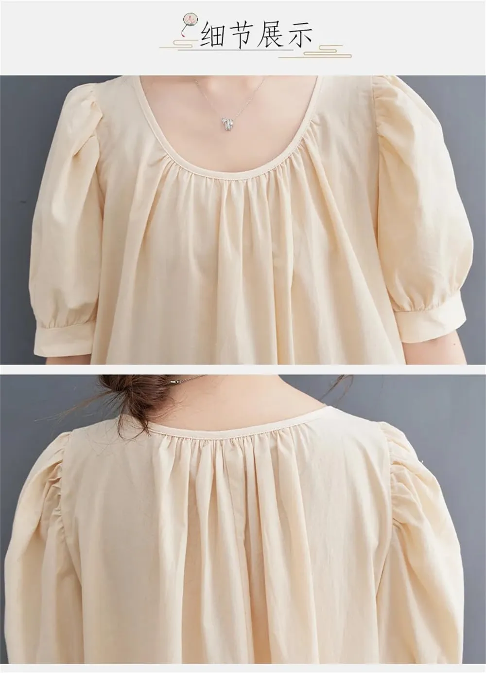 Bciopll Women O-Neck Folds Short Sleeve Loose Dress Casual Lady Work French Style Long Dresses