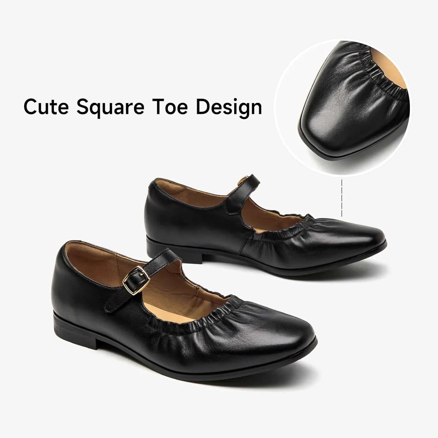 BEAU TODAY Womens Mary Janes, Ballet Flats for Women, Leather Maryjane Flats for Women, Comfortable Square Toe Flat Mary Janes, Fashion Slip-on Business Office Dressy Shoes