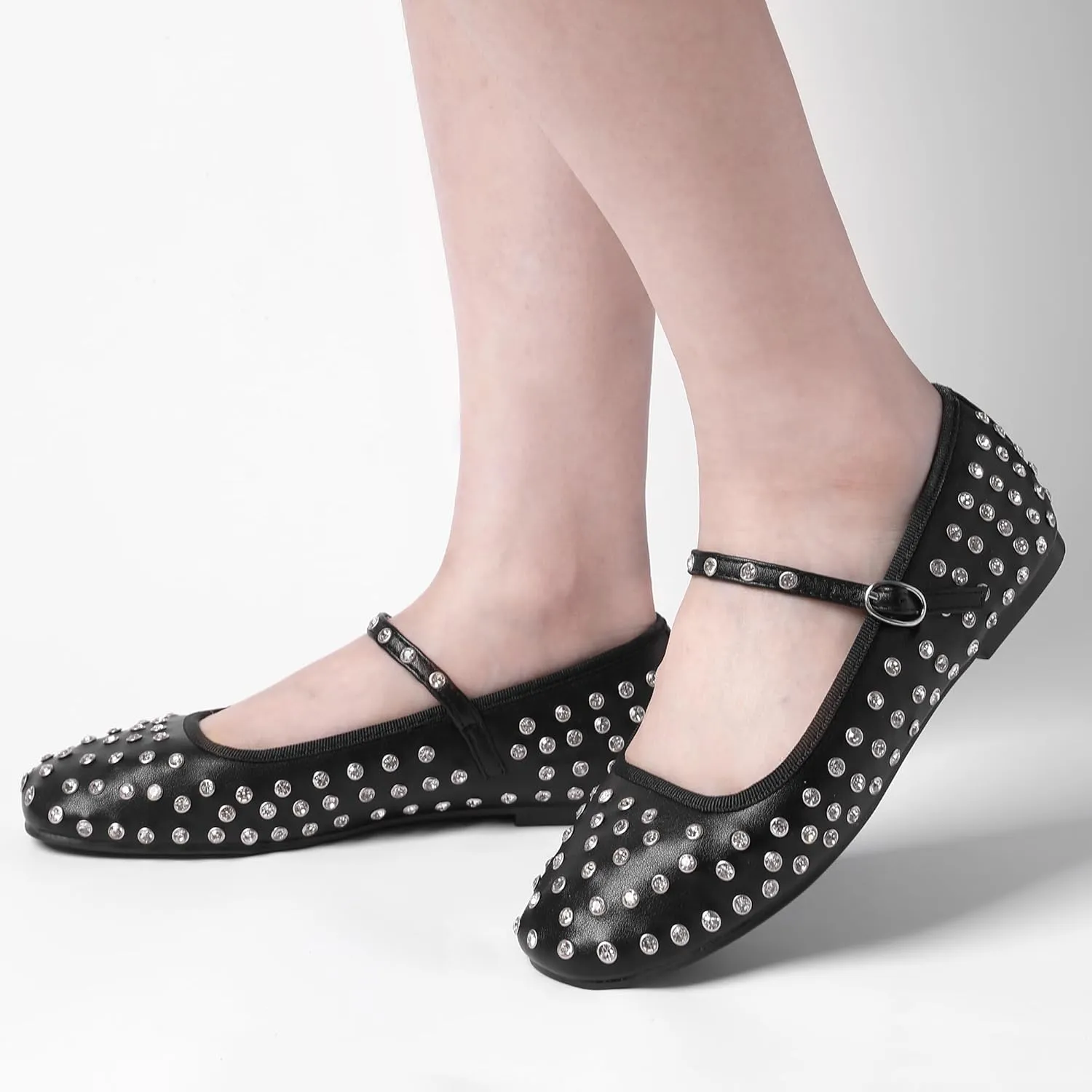 Bigwow Fashion Women's Studded Rhinestone Buckle Ballet Flats Faux Leather Mary Jane Shoe Casual Dress Ballerina Flat Shoes for Ladies