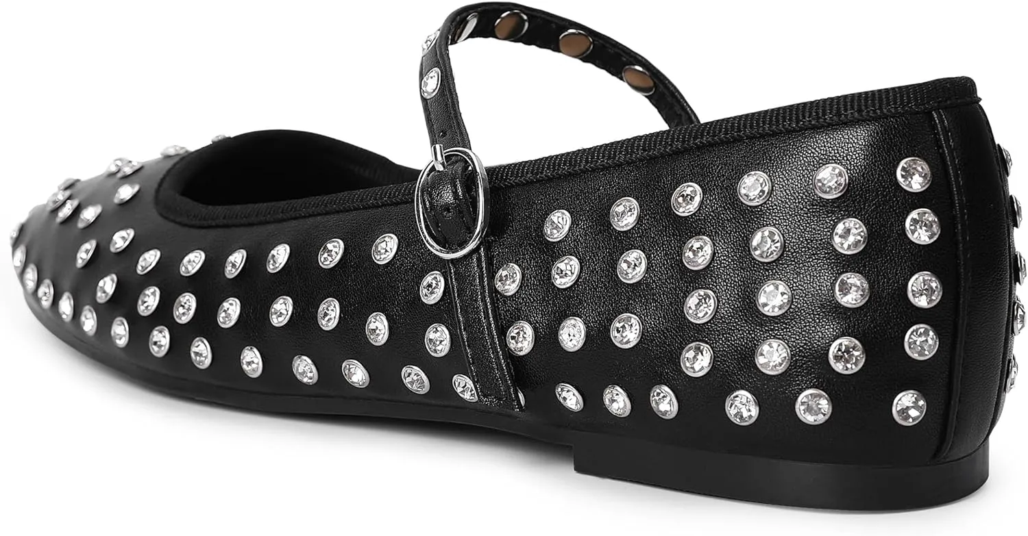 Bigwow Fashion Women's Studded Rhinestone Buckle Ballet Flats Faux Leather Mary Jane Shoe Casual Dress Ballerina Flat Shoes for Ladies