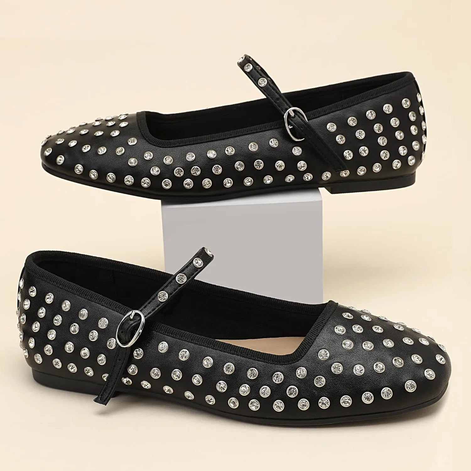 Bigwow Fashion Women's Studded Rhinestone Buckle Ballet Flats Faux Leather Mary Jane Shoe Casual Dress Ballerina Flat Shoes for Ladies